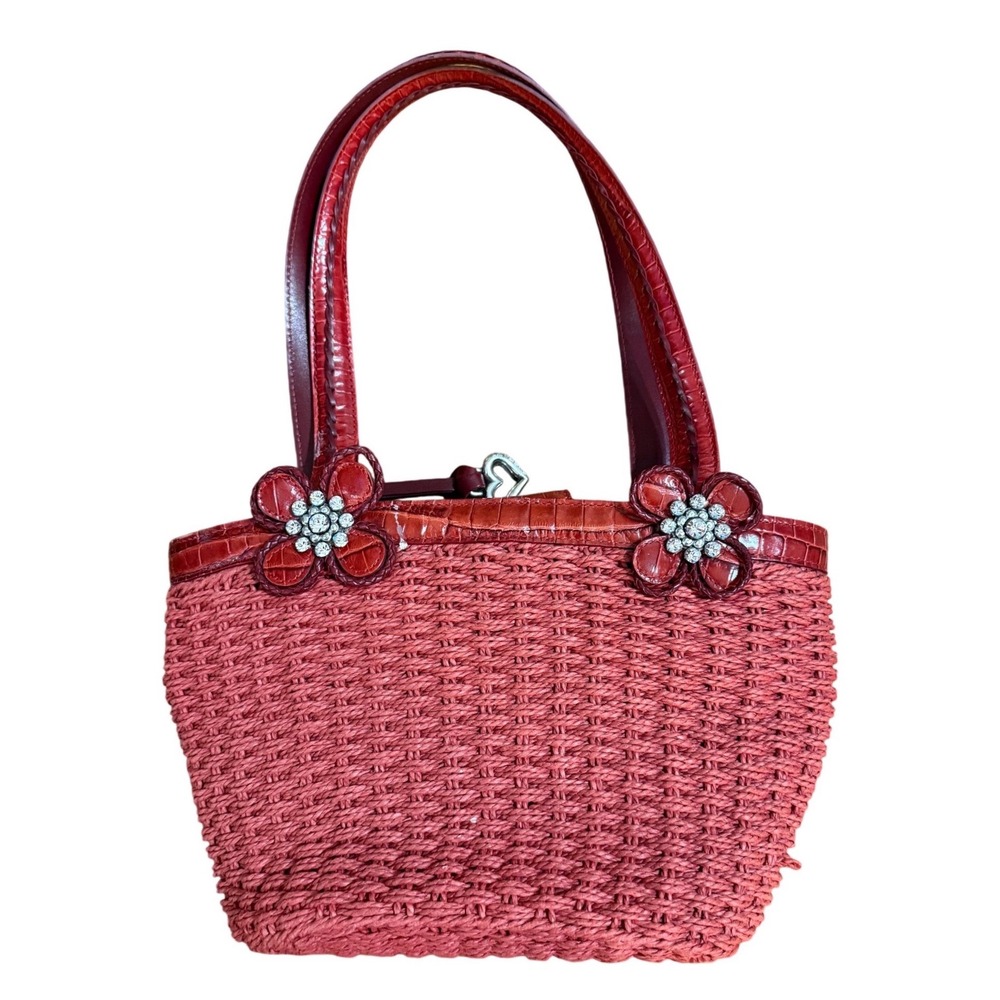 Brighton Red Wicker Bucket Purse Rhinestone Floral Accents & Leather‎ Trim